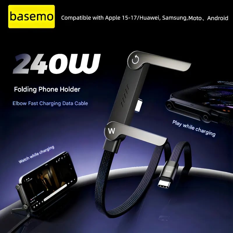 2-in-1 Invisible Holder Charger Cable – 240W Fast Charging Cord with Built-In Phone Stand