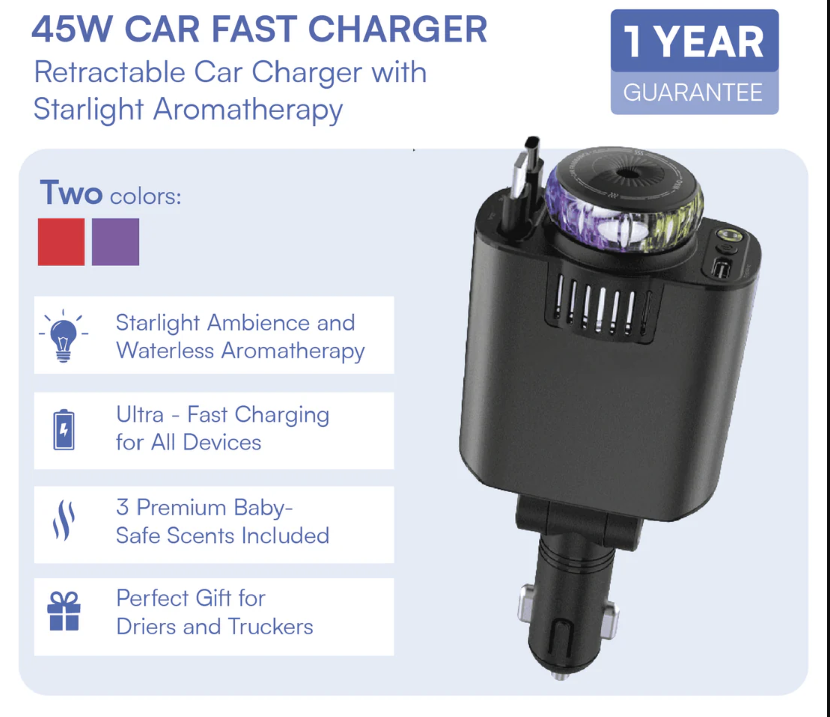45W Car Charger + Starlight Aroma Diffuser
